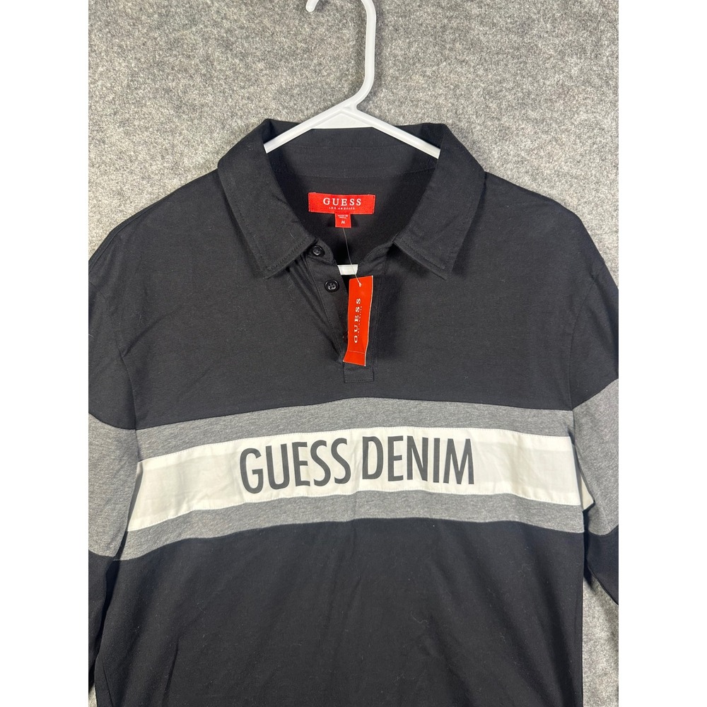 Guess Denim Mens‎ LS Fox Polo Shirt Jet Black Colorblock Logo M X93P28R99Y0
